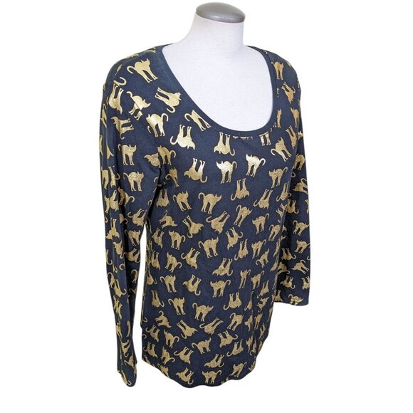 No Boundaries No Bo Black Metallic Gold Cat Print Shirt Women XL Long Sleeve - Picture 3 of 9